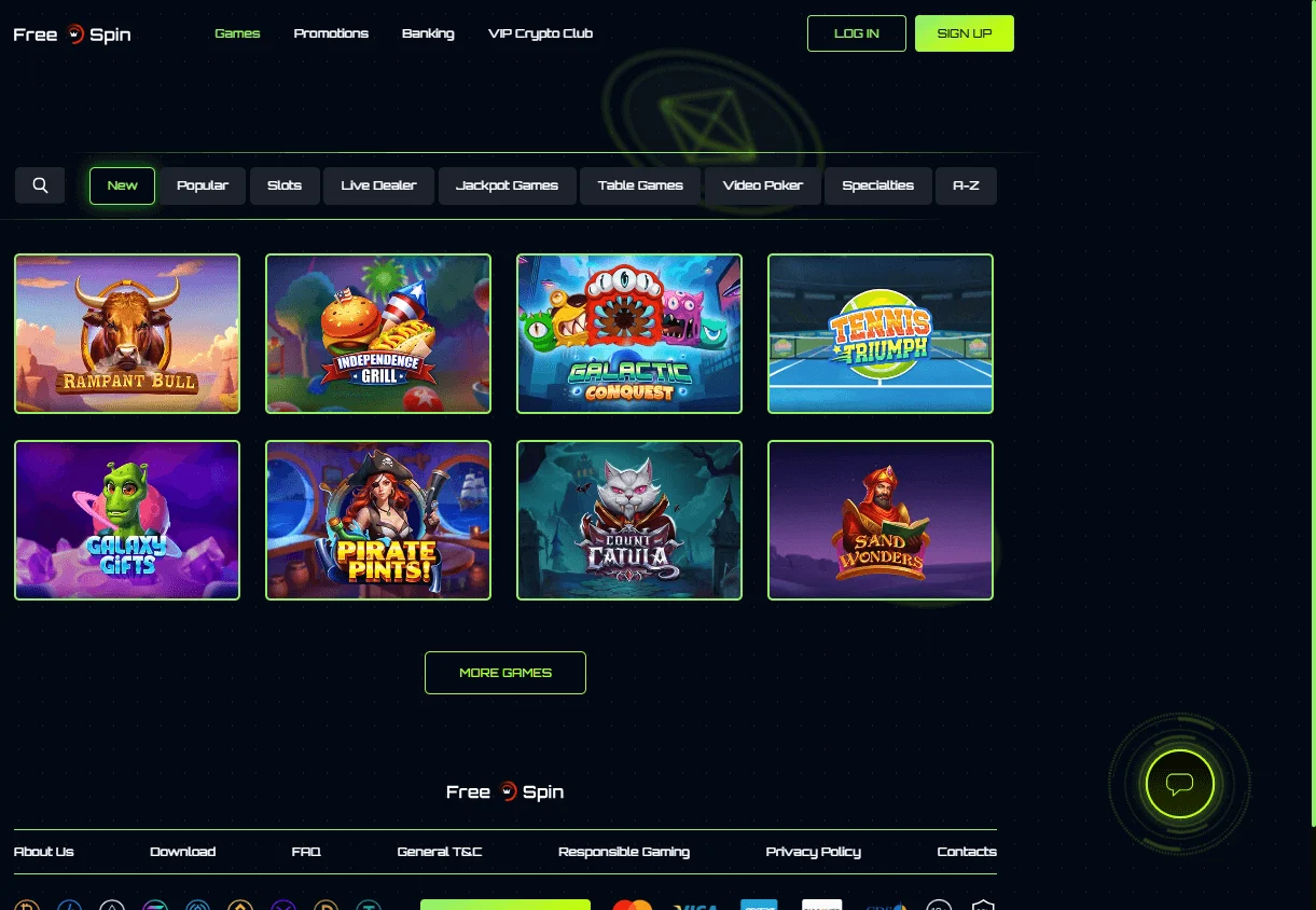 Free Spin Casino games screen on desktop