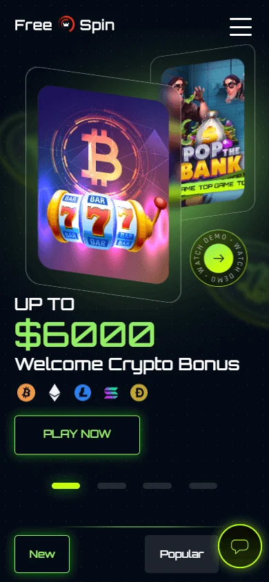 Free Spin Casino home screen on mobile
