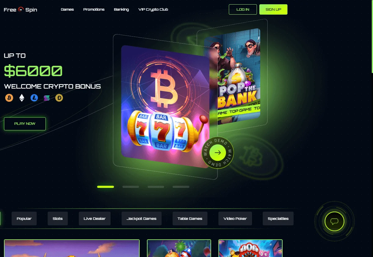 Free Spin Casino home screen on desktop